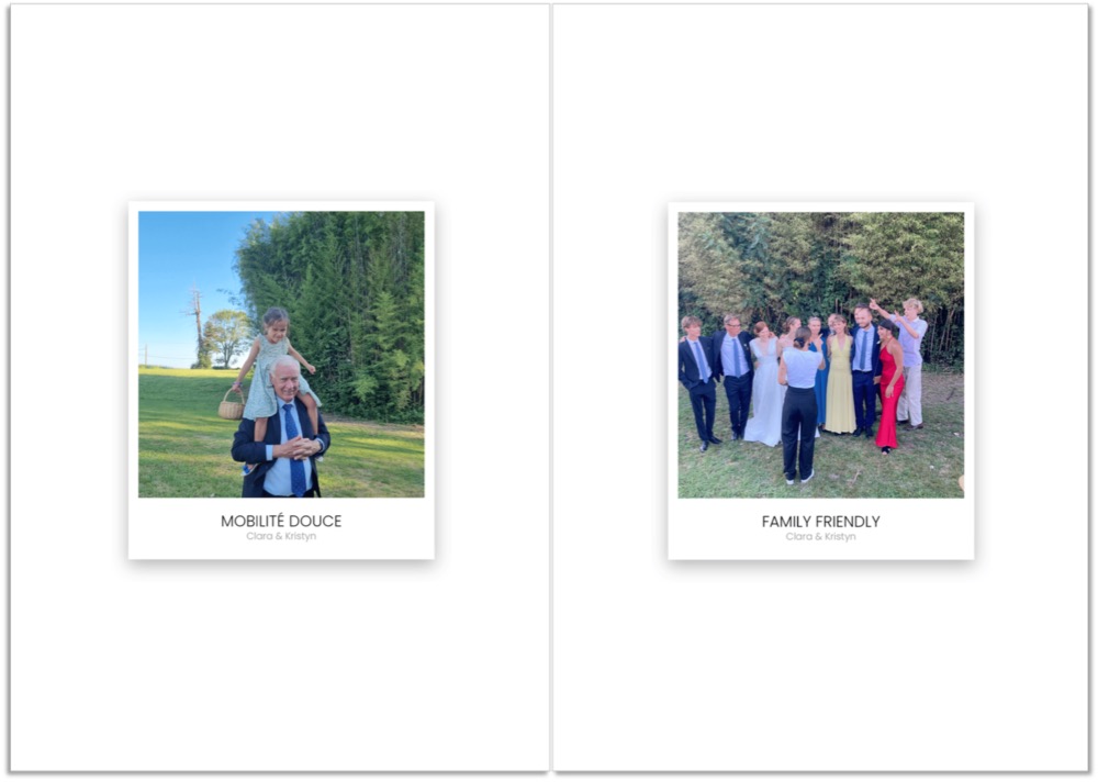 Une double page du livre : deux polaroids légendés, Mobilité douce et Family friendly